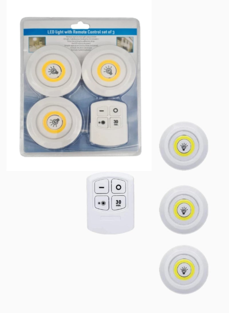مصابيح خزانة LED ذكية لاسلكية مع جهاز تحكم عن بعد - مجموعة من 3 مصابيح دائرية لاصقة تعمل بالبطارية مع مؤقت، قابلة للتعتيم باللمس وعن بعد - إضاءة للخزائن وخزائن الملابس والمطابخ. - Image 1