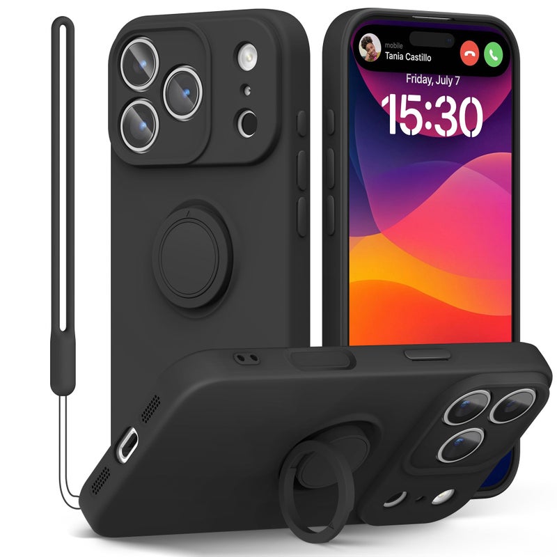pcgaga Compatible with iPhone 17 Pro Case 6.3 inch, Silicone Slim Design with [Ring Holder Stand] [Wrist Strap] [Microfiber Lining] Shockproof Protective Case Cover for iPhone 17 Pro, Black - Image 1