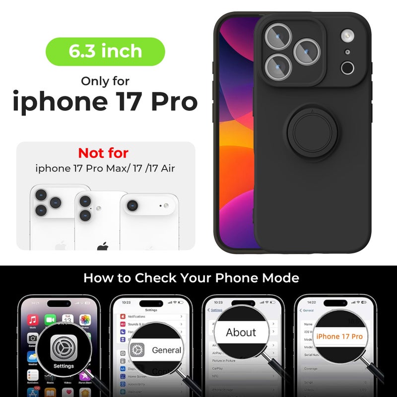 pcgaga Compatible with iPhone 17 Pro Case 6.3 inch, Silicone Slim Design with [Ring Holder Stand] [Wrist Strap] [Microfiber Lining] Shockproof Protective Case Cover for iPhone 17 Pro, Black - Image 2