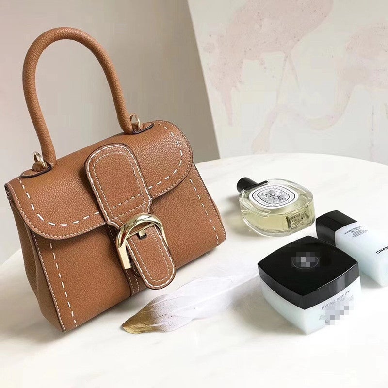 Horseshoe Buckle Handbag Handmade Beeswax Thread Fashion Shoulder Crossbody Small Square Bag Litchi Pattern First Layer Cowhide Genuine Leather Bag - Image 2