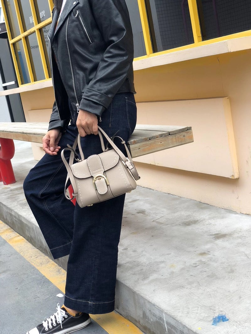 Horseshoe Buckle Handbag Handmade Beeswax Thread Fashion Shoulder Crossbody Small Square Bag Litchi Pattern First Layer Cowhide Genuine Leather Bag - Image 1