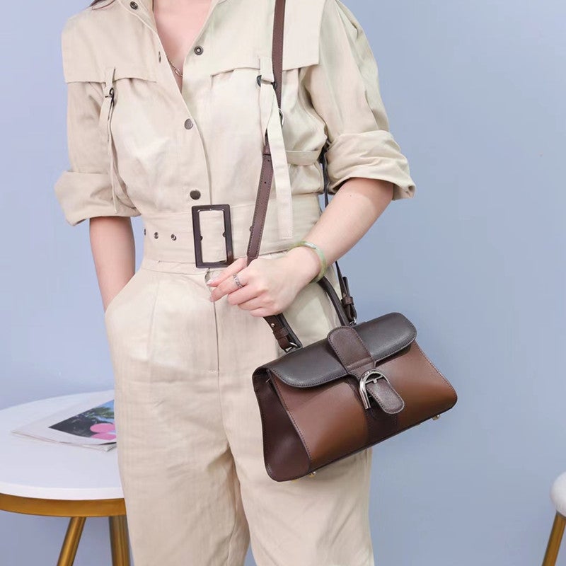 Horseshoe Buckle Handbag Handmade Beeswax Thread Fashion Shoulder Crossbody Small Square Bag Litchi Pattern First Layer Cowhide Genuine Leather Bag - Image 5