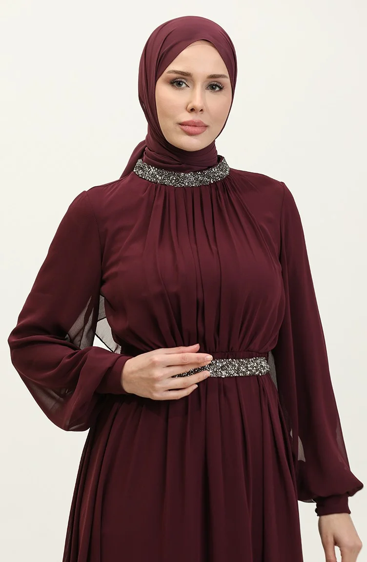 Sefa Merve Stone Pleated Evening Dress 5339A-01 Purple