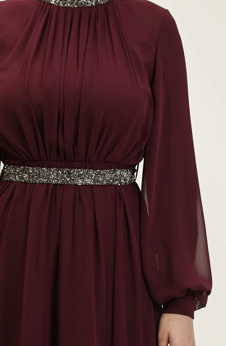 Sefa Merve Stone Pleated Evening Dress 5339A-01 Purple