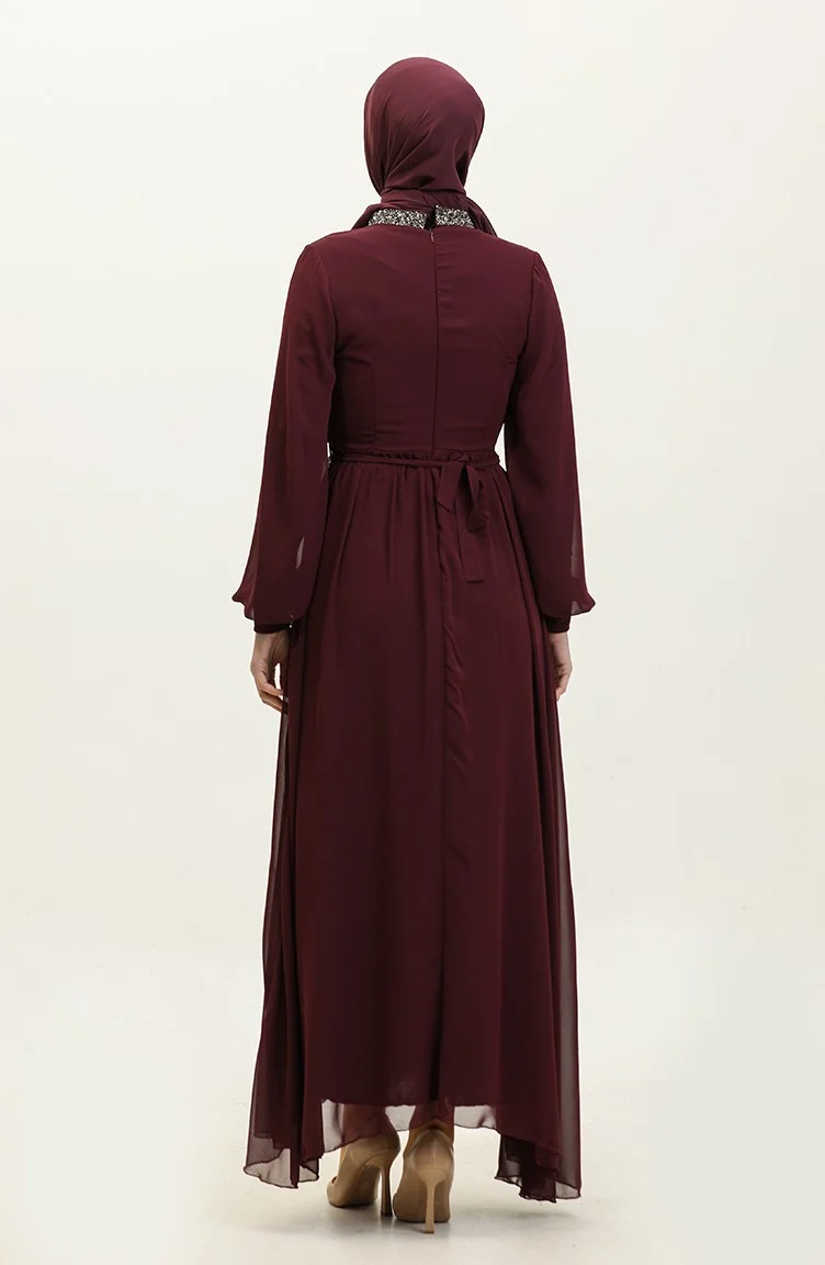 Sefa Merve Stone Pleated Evening Dress 5339A-01 Purple