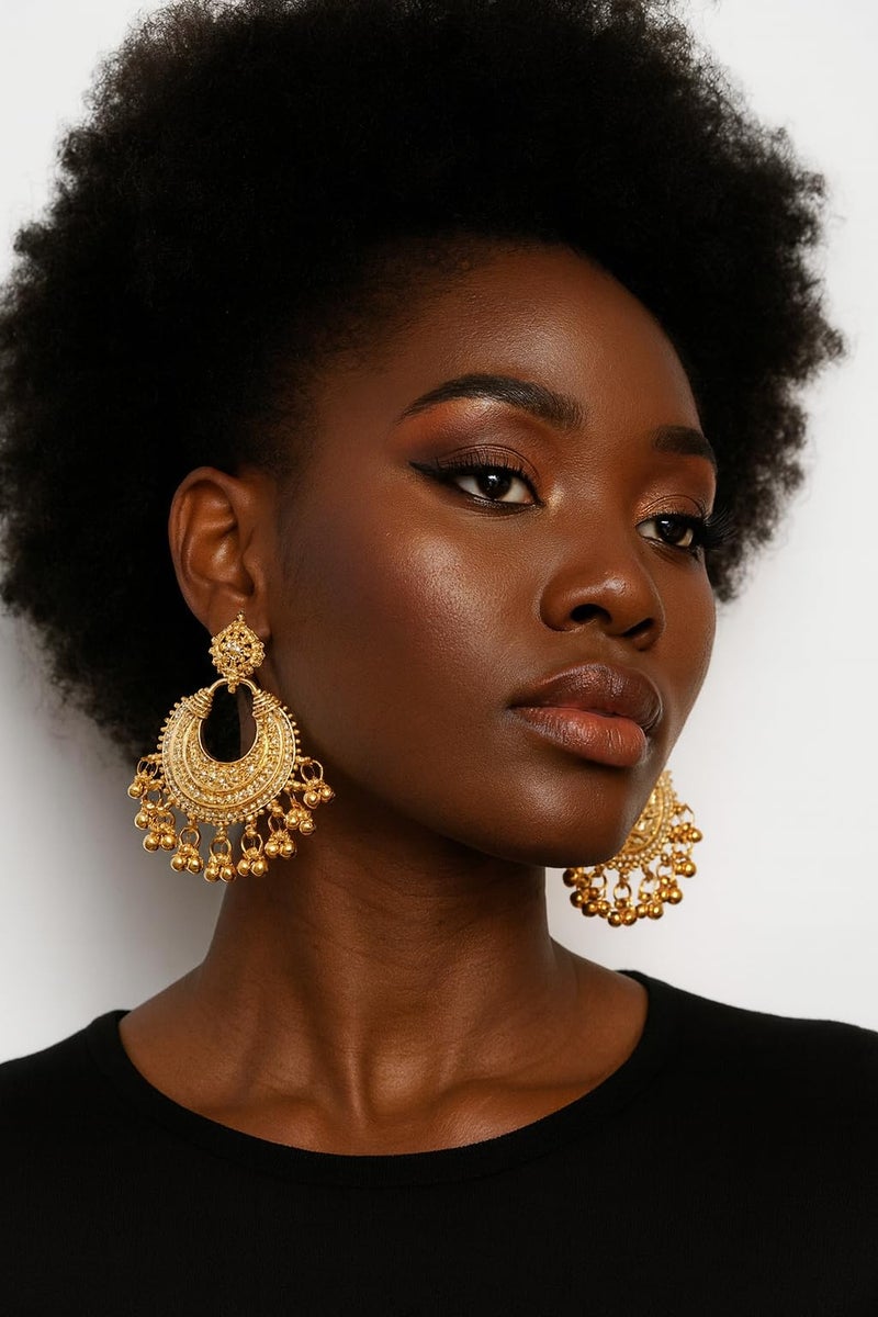 Touchstone Indian earrings for women chandbali jhumkas jewelry gold chandelier wedding guest bollywood inspired folklorico light weight dangle style costume chunky statement trendy accessories - Image 3