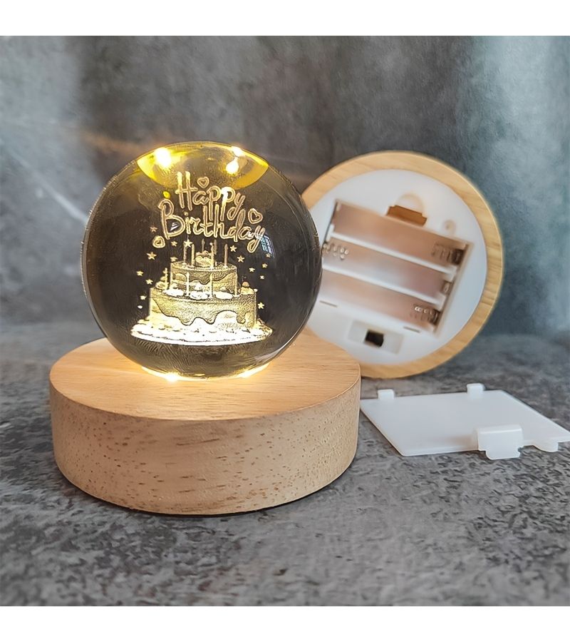 Wooden Lamp Base 3.15 Inch Touch Three Color Light LED Rotating Display Stand Crystal Glass Art Decoration Battery Powered - Image 3