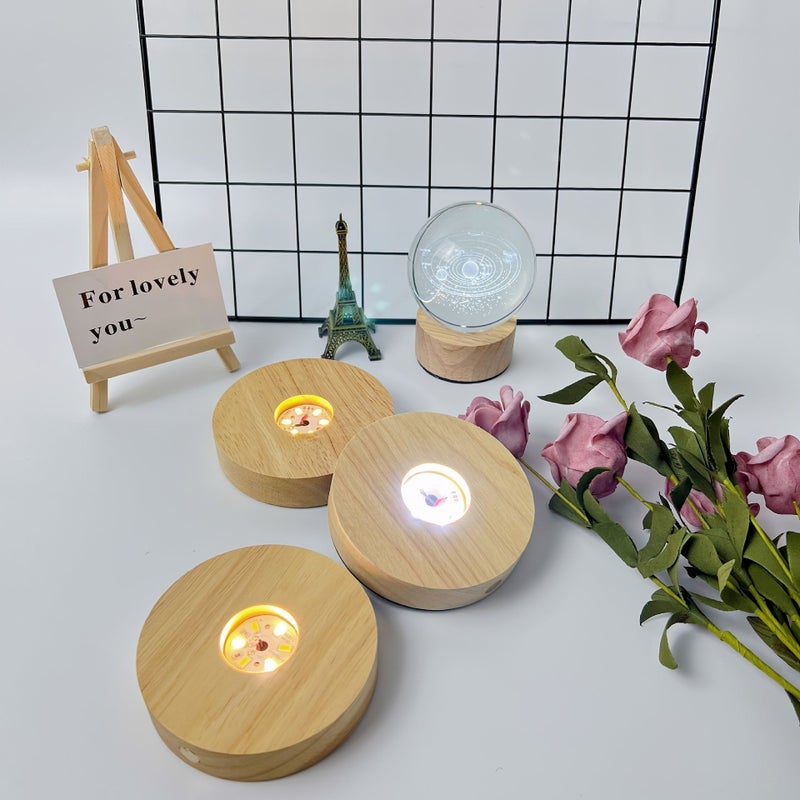 Wooden Lamp Base 3.15 Inch Touch Three Color Light LED Rotating Display Stand Crystal Glass Art Decoration Battery Powered - Image 5