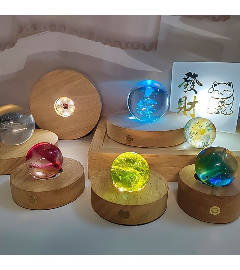 Wooden Lamp Base 3.15 Inch Touch Three Color Light LED Rotating Display Stand Crystal Glass Art Decoration Battery Powered - Image 1