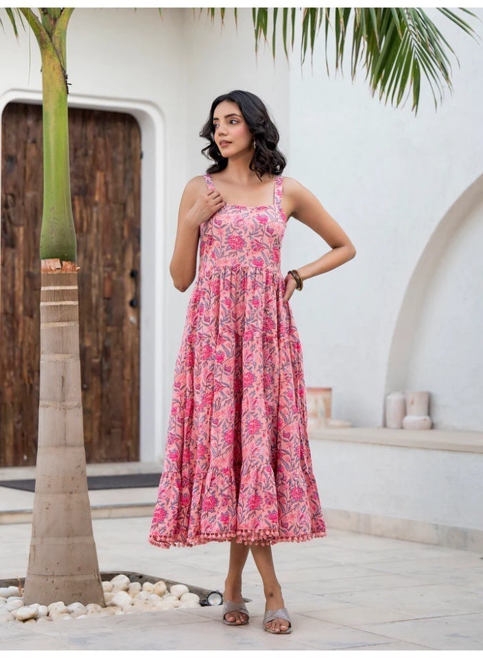 Pink Floral Tiered Strappy Midi Dress for Women, Pure Cotton Hand Block Print - Image 4