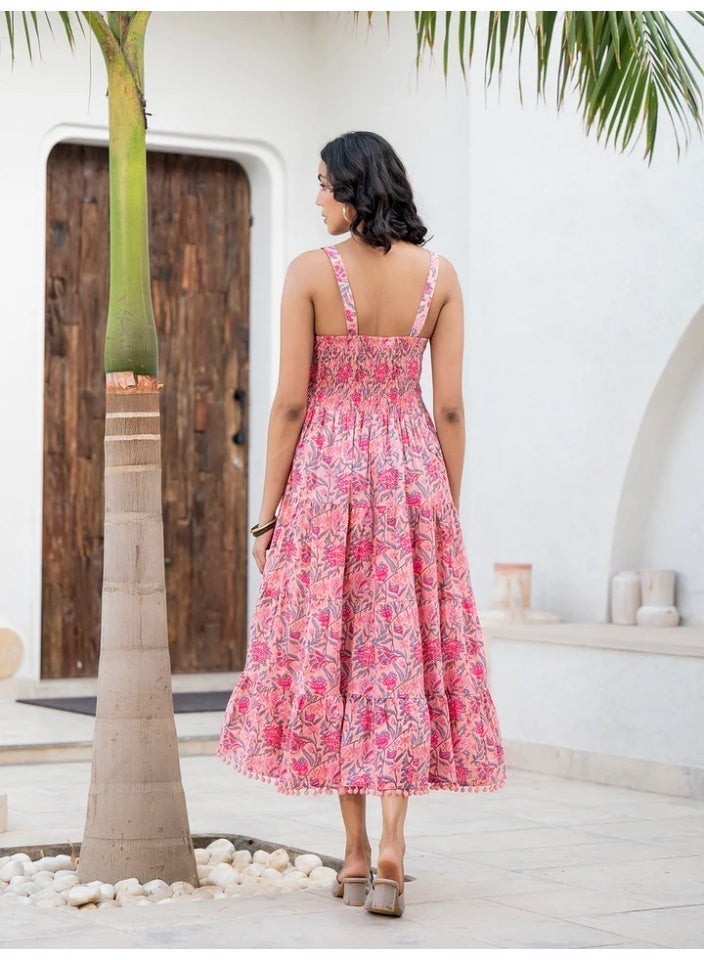 Pink Floral Tiered Strappy Midi Dress for Women, Pure Cotton Hand Block Print - Image 3