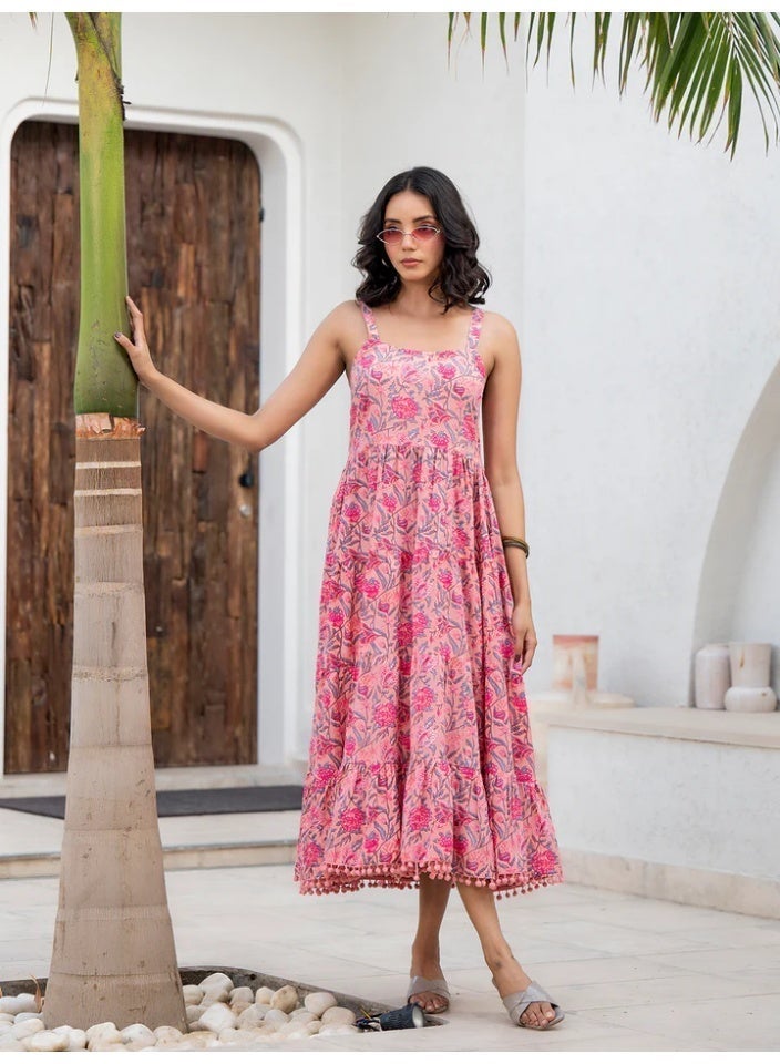 Pink Floral Tiered Strappy Midi Dress for Women, Pure Cotton Hand Block Print - Image 5