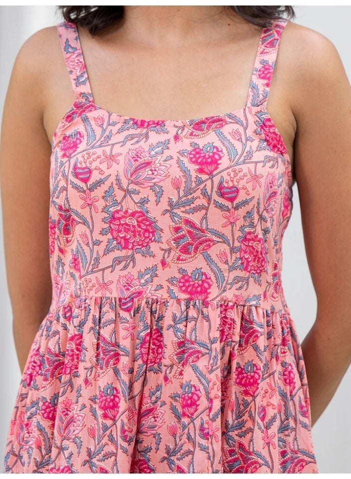 Pink Floral Tiered Strappy Midi Dress for Women, Pure Cotton Hand Block Print - Image 2