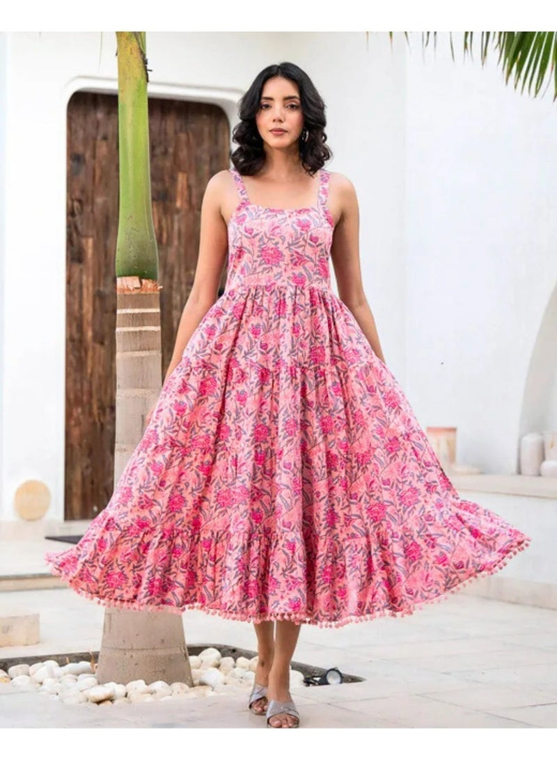 Pink Floral Tiered Strappy Midi Dress for Women, Pure Cotton Hand Block Print - Image 1