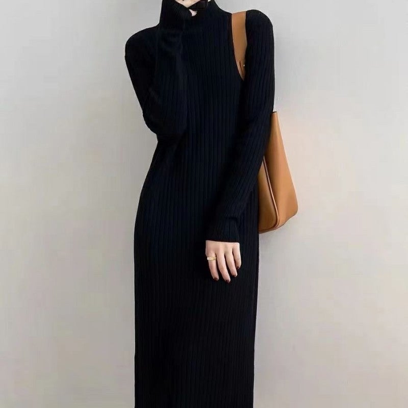 Autumn and Winter New Half-turtleneck Sweater Womens Mid-length Over-the-knee Coat Basing Inner Tassel Skirt Swing Knitted dress Black - Image 1