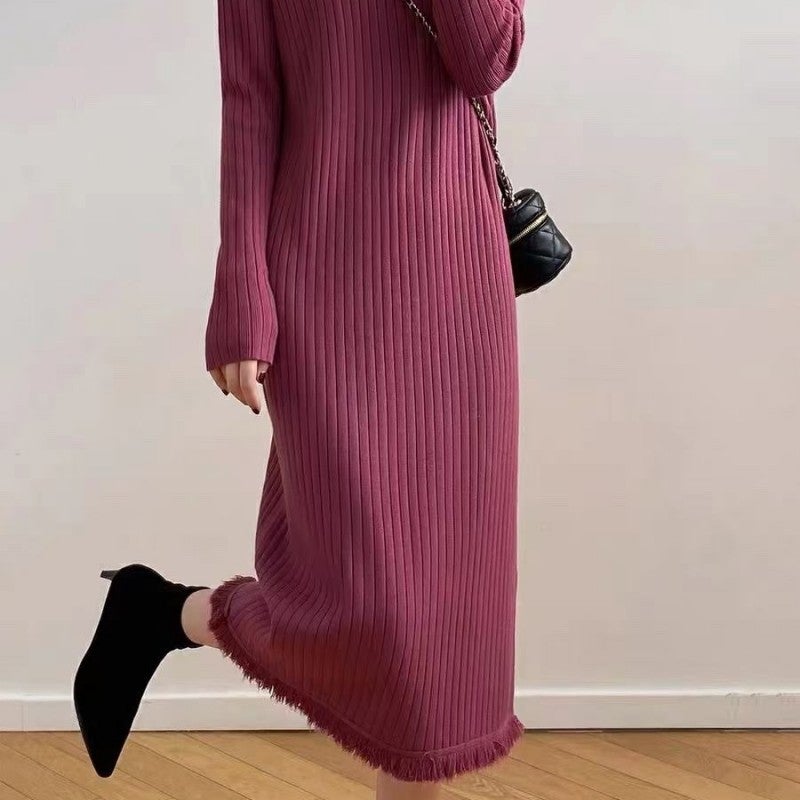 Autumn and Winter New Half-turtleneck Sweater Womens Mid-length Over-the-knee Coat Basing Inner Tassel Skirt Swing Knitted dress Black - Image 3