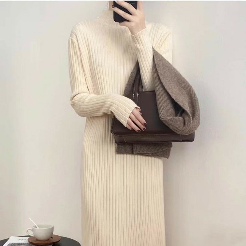Autumn and Winter New Half-turtleneck Sweater Womens Mid-length Over-the-knee Coat Basing Inner Tassel Skirt Swing Knitted dress Black - Image 5