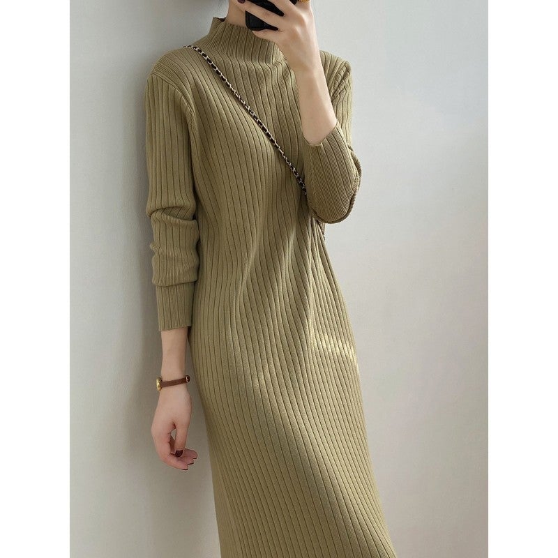 Autumn and Winter New Half-turtleneck Sweater Womens Mid-length Over-the-knee Coat Basing Inner Tassel Skirt Swing Knitted dress Black - Image 2