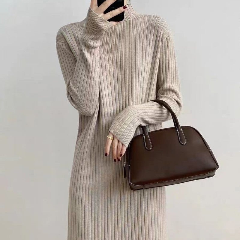 Autumn and Winter New Half-turtleneck Sweater Womens Mid-length Over-the-knee Coat Basing Inner Tassel Skirt Swing Knitted dress Black - Image 4