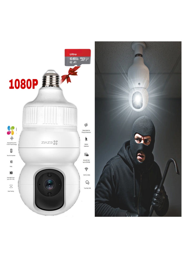 EZI - Wi-Fi camera, LED bulb + 64 memory card as a gift, a 360-degree surveillance camera, with smart tracking, 1080p listening and speaker alarm, keep track of where you are on your mobile phone. - Image 1