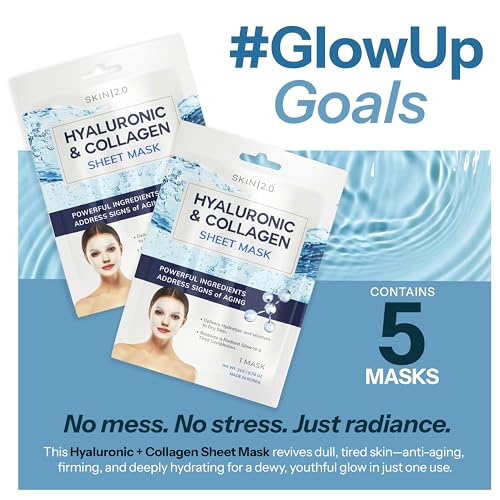 Skin 2.0 Hyaluronic Acid & Collagen Sheet Mask - Hydrating, Anti-Aging, Firming - Dermatologist Tested Korean Skincare - Clean Beauty, Natural Ingredients, Cruelty-Free, All Skin Types - 5 Masks - Image 3