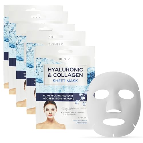 Skin 2.0 Hyaluronic Acid & Collagen Sheet Mask - Hydrating, Anti-Aging, Firming - Dermatologist Tested Korean Skincare - Clean Beauty, Natural Ingredients, Cruelty-Free, All Skin Types - 5 Masks - Image 1