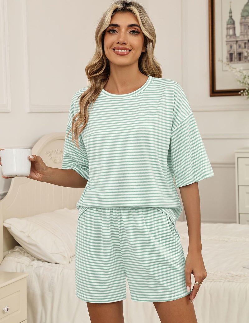LOMON Maternity Pajamas for Women 2 Piece Matching Short Sets Summer Casual Lake Casual Outfits (White Green Striped, L) - Image 2