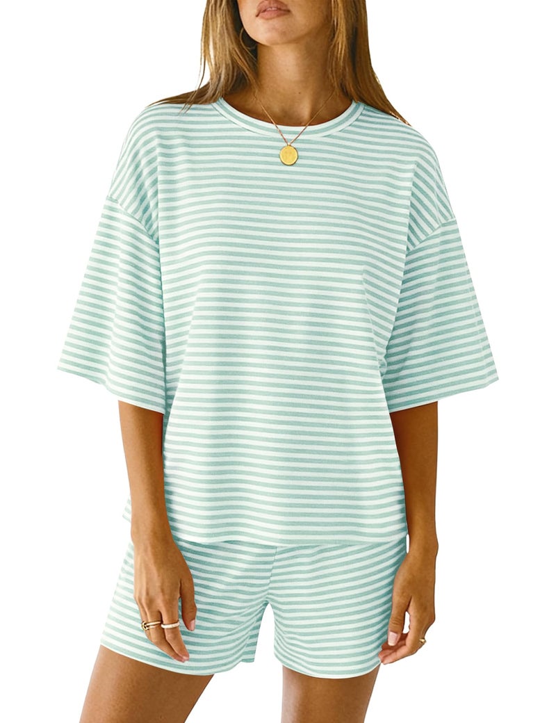 LOMON Maternity Pajamas for Women 2 Piece Matching Short Sets Summer Casual Lake Casual Outfits (White Green Striped, L) - Image 1
