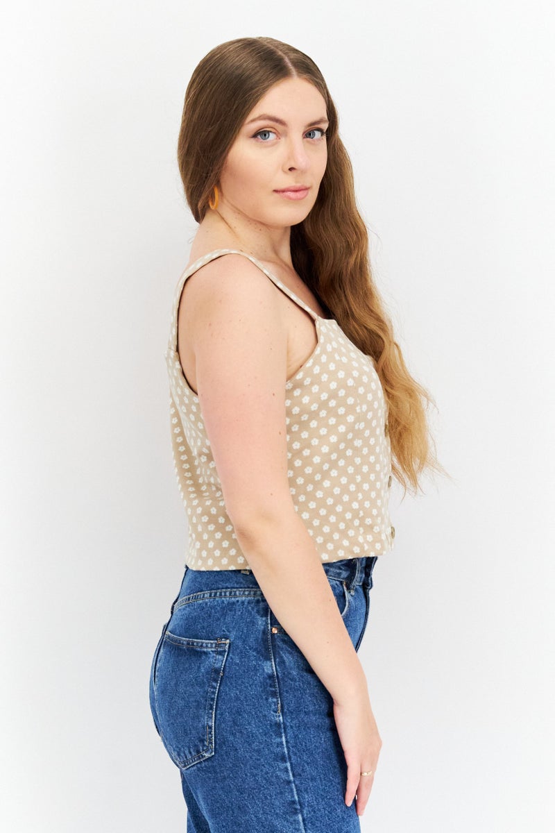 Riley & Rae Women Square Neck Sleeveless Floral Top, Taupe - Image 4