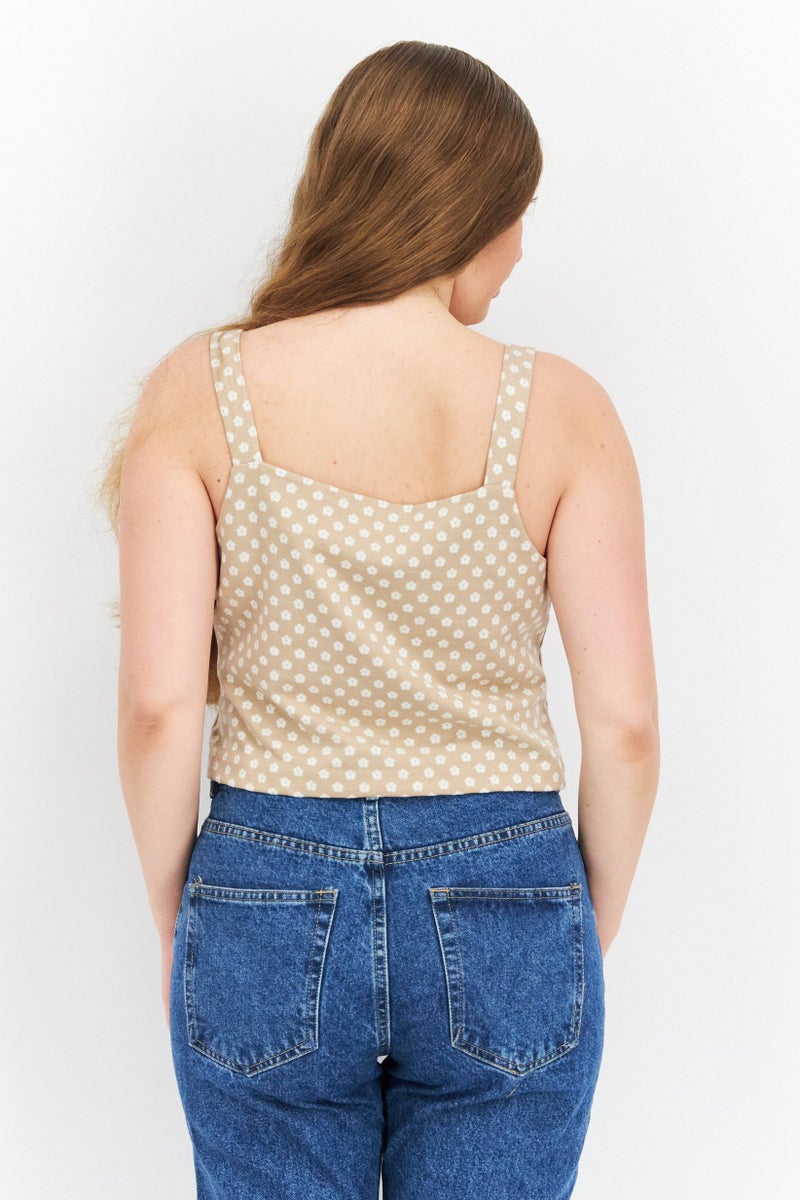 Riley & Rae Women Square Neck Sleeveless Floral Top, Taupe - Image 3