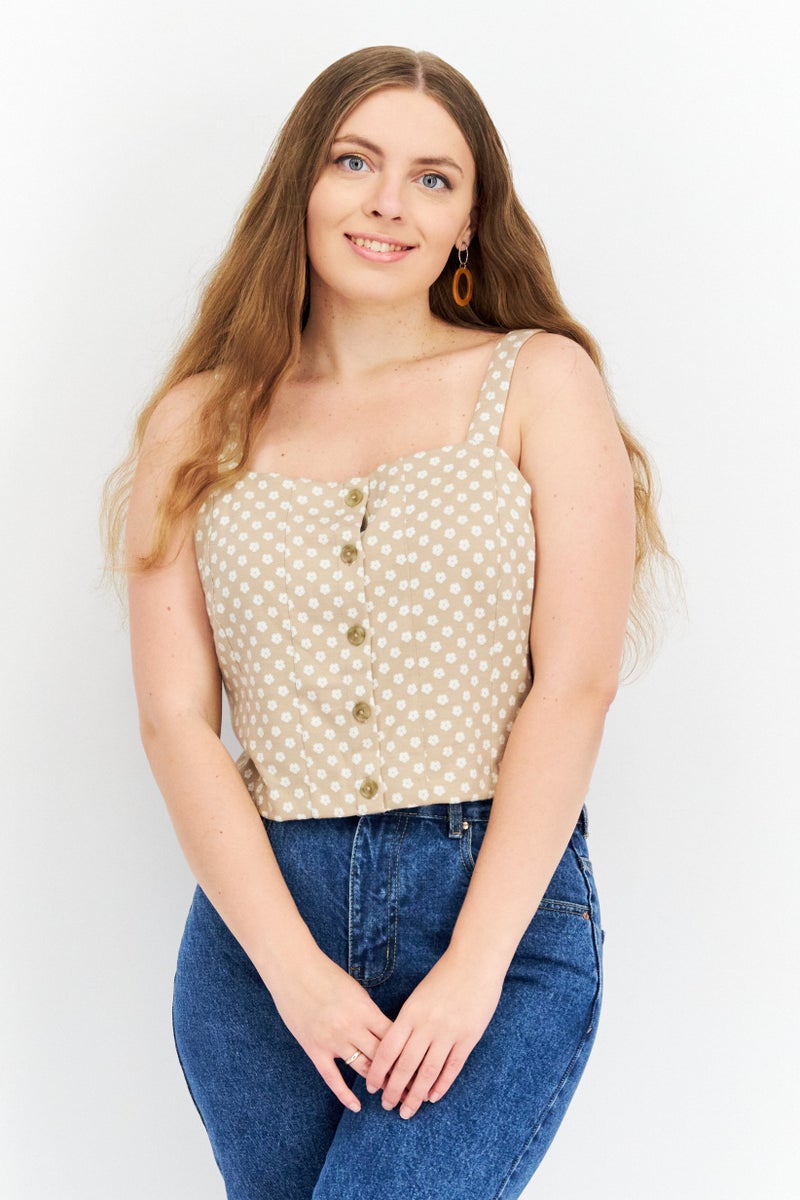 Riley & Rae Women Square Neck Sleeveless Floral Top, Taupe - Image 1