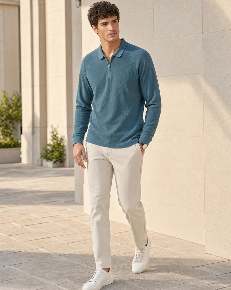Nobero  Nobero Ridge Zip Full Sleeve Polo T-Shirt for Men | Polo T-shirts for Men in 240 GSM Cotton-Poly Ottoman Rib | Collar Polos with Gunmetal Zip Polo Collar | Regular Fit for Men | Best Price UAE