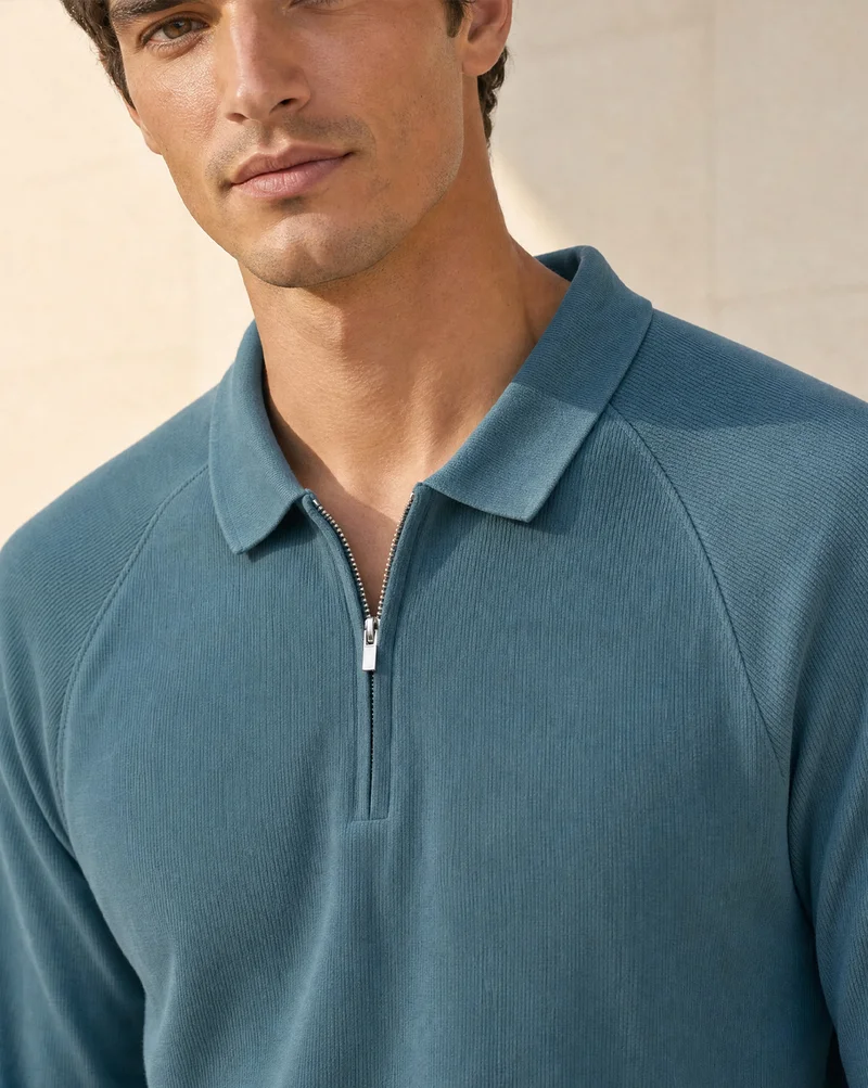 Nobero  Nobero Ridge Zip Full Sleeve Polo T-Shirt for Men | Polo T-shirts for Men in 240 GSM Cotton-Poly Ottoman Rib | Collar Polos with Gunmetal Zip Polo Collar | Regular Fit for Men | Best Price UAE