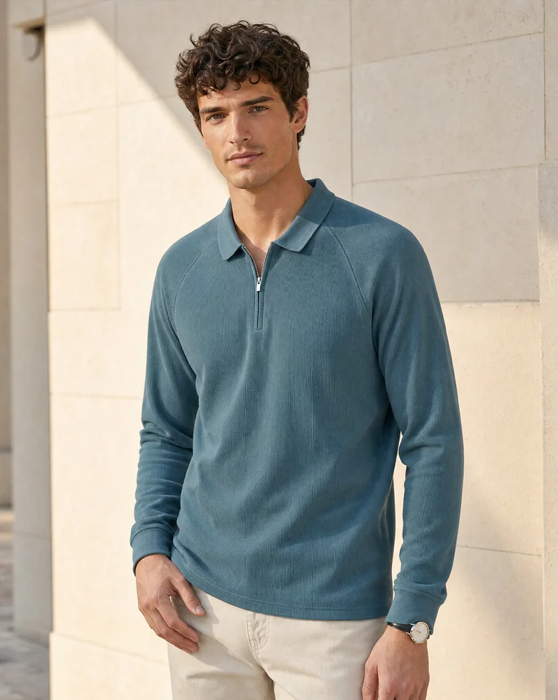 Nobero  Nobero Ridge Zip Full Sleeve Polo T-Shirt for Men | Polo T-shirts for Men in 240 GSM Cotton-Poly Ottoman Rib | Collar Polos with Gunmetal Zip Polo Collar | Regular Fit for Men | Best Price UAE
