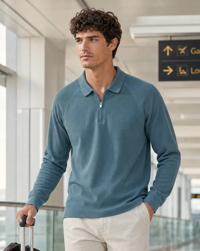 Nobero Nobero Ridge Zip Full Sleeve Polo T-Shirt for Men | Polo T-shirts for Men in 240 GSM Cotton-Poly Ottoman Rib | Collar Polos with Gunmetal Zip Polo Collar | Regular Fit