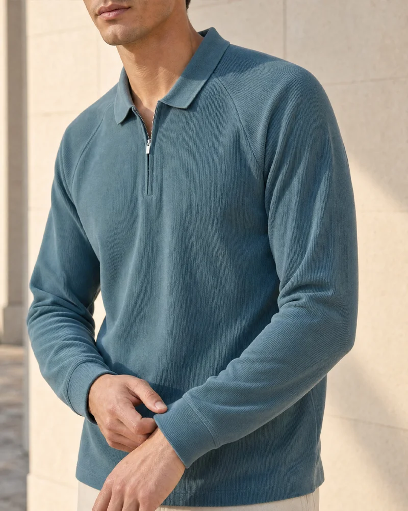 Nobero  Nobero Ridge Zip Full Sleeve Polo T-Shirt for Men | Polo T-shirts for Men in 240 GSM Cotton-Poly Ottoman Rib | Collar Polos with Gunmetal Zip Polo Collar | Regular Fit for Men | Best Price UAE