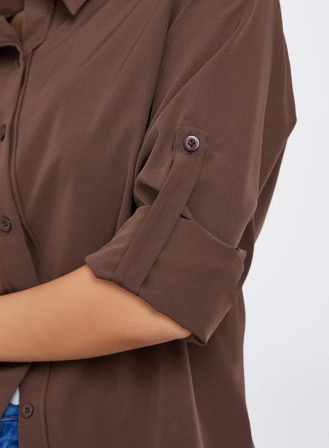Styli Brown Roll-Up Sleeves Oversized Shirt
