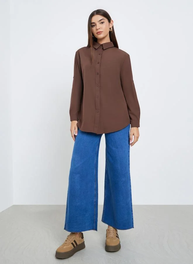 Styli Brown Roll-Up Sleeves Oversized Shirt