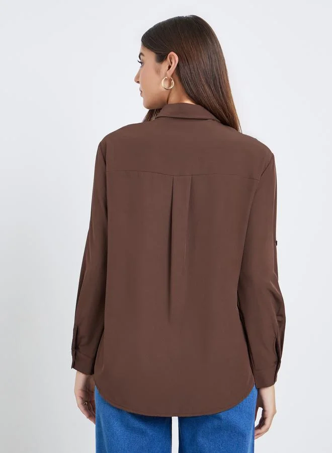 Styli Brown Roll-Up Sleeves Oversized Shirt