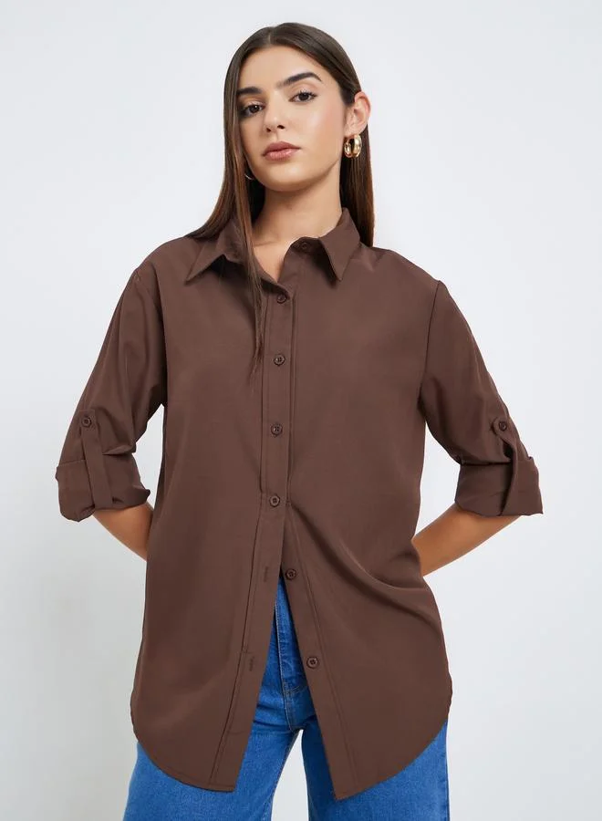 Brown Roll-Up Sleeves Oversized Shirt