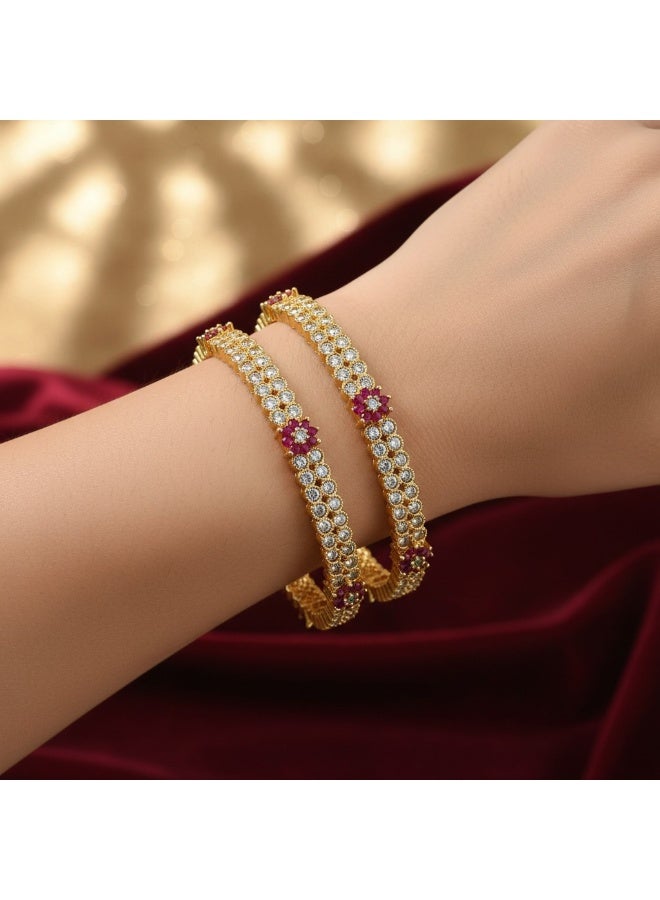 Pretty Precious American Diamond Bangles for Women & Girls | Gold & Rhodium Plated Designer Bangles | Elegant Party, Wedding & Festive Wear-Size (2.4)-Ruby Green - Image 1