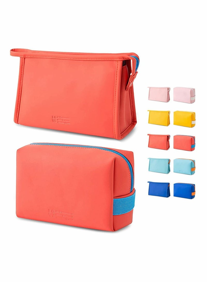 KASTWAVE 2 Pcs Portable Storage Washable Cosmetic Bag Small Travel Toiletries for Women Girls PU Leather Zipper Pouch Accessories Organizer Pencil Case (Orange) - Image 1