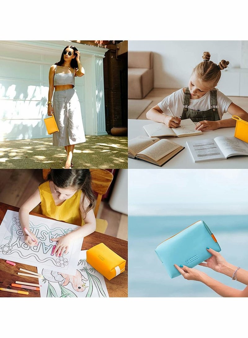 KASTWAVE 2 Pcs Portable Storage Washable Cosmetic Bag Small Travel Toiletries for Women Girls PU Leather Zipper Pouch Accessories Organizer Pencil Case (Orange) - Image 5