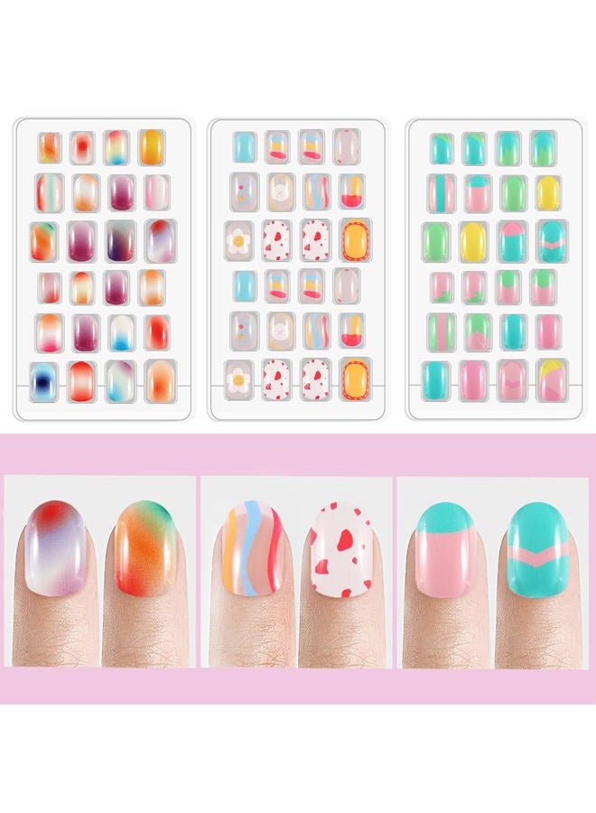 Laza 72pcs Children Nails Press On Pre-glue Full Cover Gradient Blooming Color Mixing Rainbow Short False Nail Kits for Kids Teenager Girls - Blooming Rainbow - Image 2