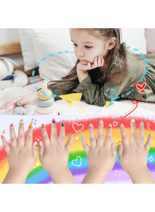 Laza 72pcs Children Nails Press On Pre-glue Full Cover Gradient Blooming Color Mixing Rainbow Short False Nail Kits for Kids Teenager Girls - Blooming Rainbow - Image 3
