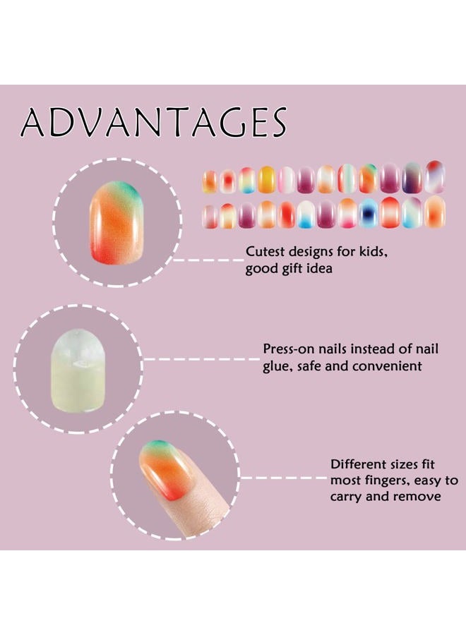 Laza 72pcs Children Nails Press On Pre-glue Full Cover Gradient Blooming Color Mixing Rainbow Short False Nail Kits for Kids Teenager Girls - Blooming Rainbow - Image 4