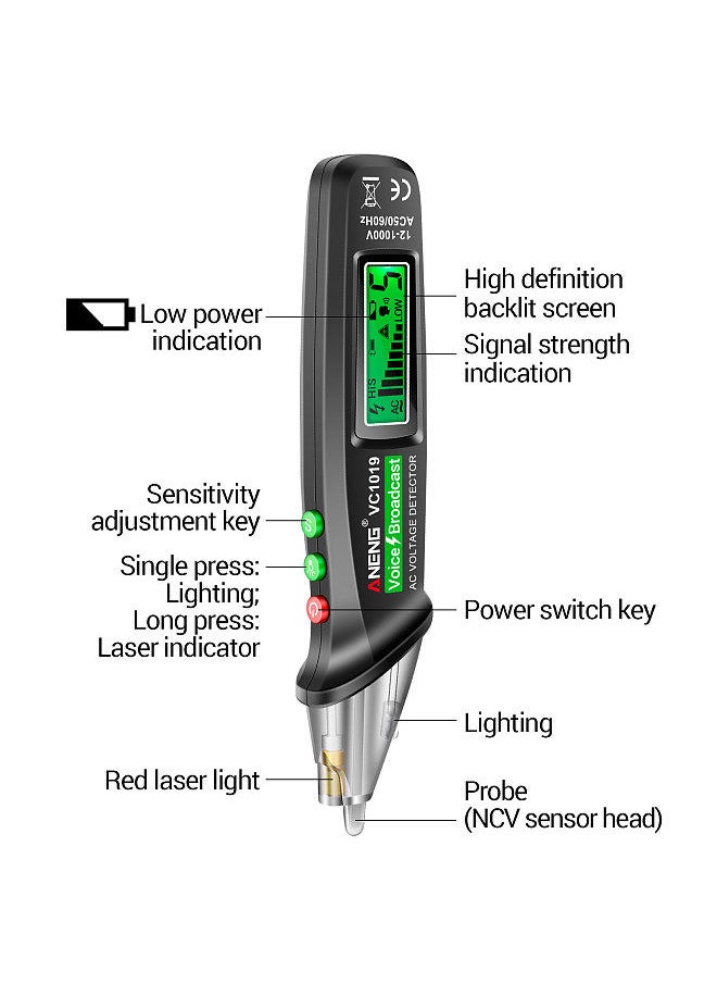 ANENG - ANENG VC1019 LCD Digital Test Pen Non-contact Voice Broadcast Tester Pen Sensitivity Adjustable with Laser Indicator Sound/Light Alarm Flashlight - Image 1