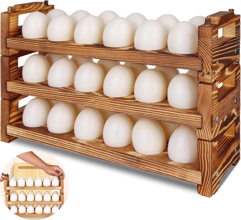 حامل بيض خشبي، حامل بيض طازج، رف تجميع بيض الحطب، قابل للتكديس، يتسع لـ 36 بيضة، منظم مطبخ منزلي، طقم من 3 قطع