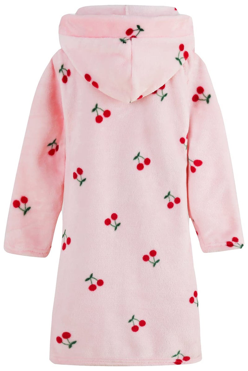 Umeyda Girls Robe, Cute Hoodie Print Plush Fleece Robe Flannel Bathrobe Sleepwear with Pockets for Gift, Cherry Pink, US 2T, CN 100 - Image 2