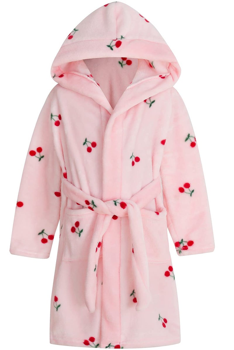 Umeyda Girls Robe, Cute Hoodie Print Plush Fleece Robe Flannel Bathrobe Sleepwear with Pockets for Gift, Cherry Pink, US 2T, CN 100 - Image 1